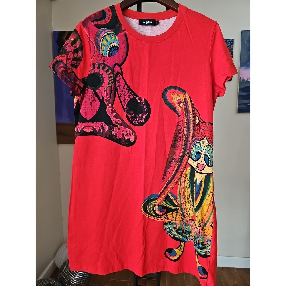 Desigual Red T Shirt Dress Crew Neck Short Sleeve Graphic Print Size L